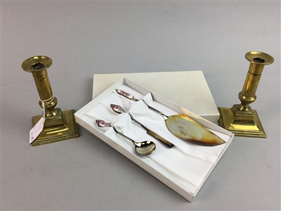 Lot 123 - A COLLECTION OF SCAN-THAI NICKEL BRONZE CUTLERY AND A PAIR OF BRASS CANDLESTICKS