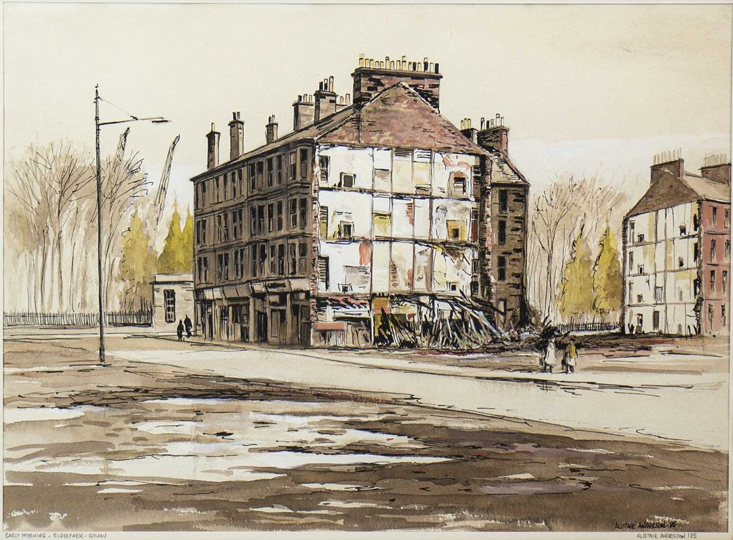 Lot 650 - EARLY MORNING, ELDERPARK, GOVAN, A WATERCOLOUR BY ALISTAIR ANDERSON