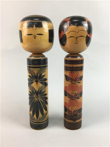 Lot 56 - TWO JAPANESE KOKESHI WOODEN DOLLS AND A ROYAL DOULTON FIGURE OF DIANA