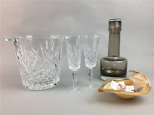 Lot 114 - A CAITHNESS GLASS DECANTER, CRYSTAL ICE BUCKET, GLASSES AND A GLASS DISH