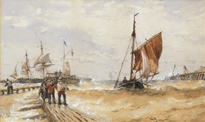 Lot 484 - SHOREHAM VESSLES SEEKING THE SHELTER OF THE HARBOUR, A WATERCOLOUR BY RICHARD HENRY NIBBS