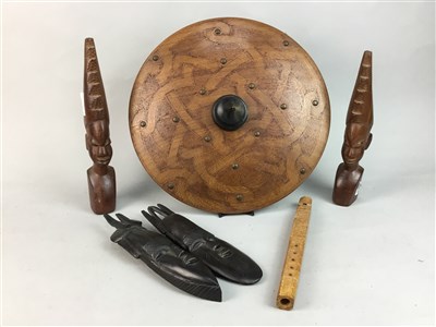Lot 116 - TWO PAIRS OF CARVED WOOD AFRICAN BUSTS, MASKS, A WOODEN INSTRUMENT AND SHIELD