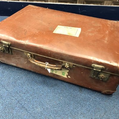 Lot 107 - A WOOD BOUND LEATHER DOMED TRAVEL TRUNK, A VINTAGE SUITCASE AND A BROTHER TYPEWRITER
