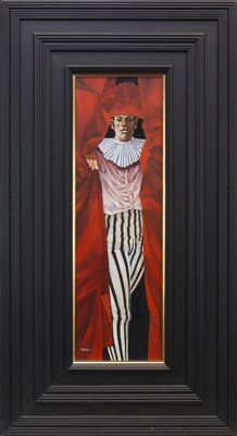 Lot 1879 - IN MY NEW STRIPED TROUSERS AND RED HAT, AN OIL BY ALAN KING