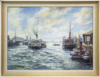 Lot 759 - PADDLE STEAMERS AND OTHER SHIPS ON THE CLYDE, AN OIL BY ROBIN MILLER