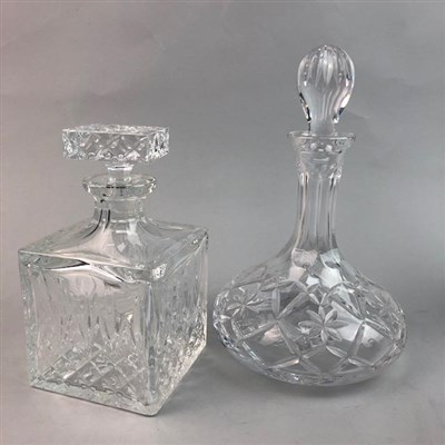 Lot 37 - A LOT OF CRYSTAL DECANTERS, A GLASS PISTOL AND A CRANBERRY GLASS DECANTER