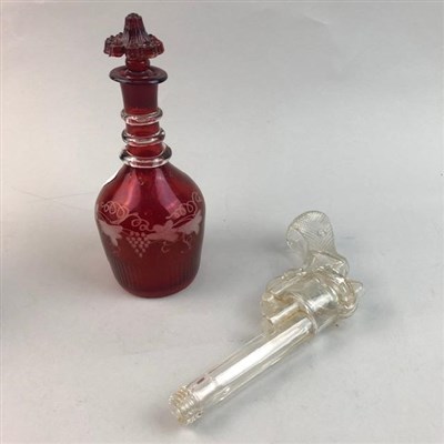 Lot 37 - A LOT OF CRYSTAL DECANTERS, A GLASS PISTOL AND A CRANBERRY GLASS DECANTER