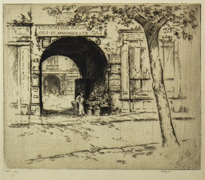 Lot 722 - QUIET FRENCH STREET, AN ETCHING BY JAMES CADZOW