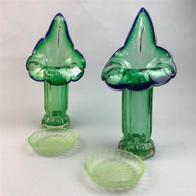 Lot 98 - A PAIR OF ART DECO GREEN GLASS VASES AND TWO GREEN SHELL SHAPED DISHES