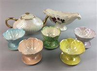 Lot 96 - A LOT OF EIGHT LUSTRE DESSERT DISHES, TEA POT AND A VASE