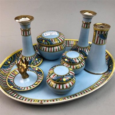 Lot 97 - A NORITAKE EGYPTIAN REVIVAL VANITY SET, PAIR OF CANDLESTICKS AND OTHER COLLECTABLES