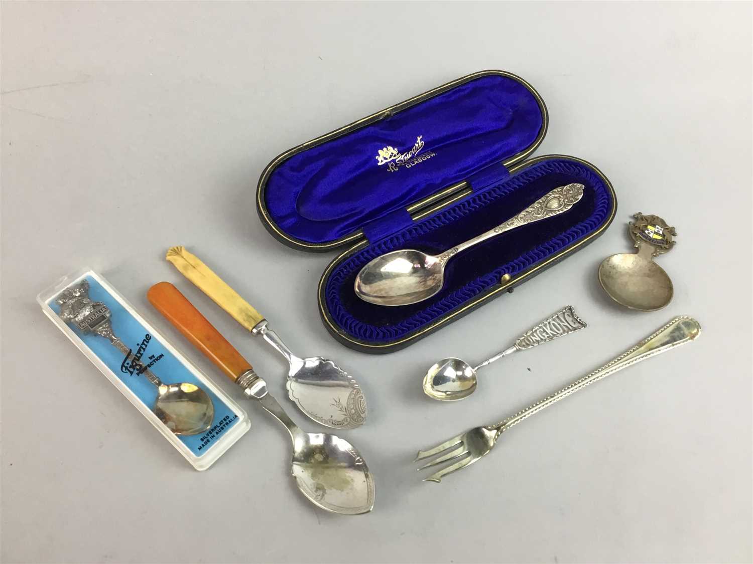 Lot 45 - A SILVER SPOON AND OTHER SILVER AND SILVER PLATED CUTLERY