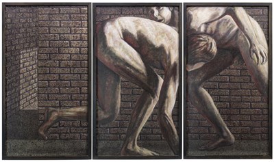 Lot 724 - CHINESE WHISPERS - A TRIPTYCH, THREE OILS BY KOERT LINDE
