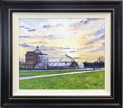 Lot 734 - SUNRISE ON THE PEOPLE'S PALACE, AN OIL BY JAMES SOMERVILLE LINDSAY