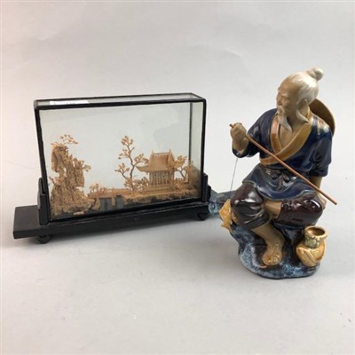 Lot 238 - A CASED SILVER FILIGREE RICKSHAW, A CRAVED WOODEN GARDEN SCENE AND A CERAMIC FIGURE OF A MAN FISHING