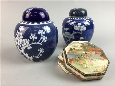 Lot 132 - A SATSUMA DISH, TWO JAPANESE SATSUMA VASES, BLUE AND WHITE JARS AND OTHER ITEMS