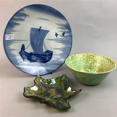 Lot 149 - A BLUE AND WHITE CHINESE CHARGER, A WADE BOWL AND A GLASS LEAF SHAPED DISH
