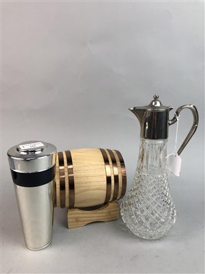 Lot 151 - A GERMAN PLATED COCKTAIL SHAKER, EWER, PORING SPOUTS AND A MODEL OF A BARREL