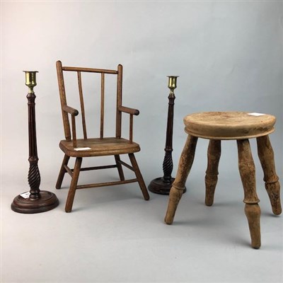 Lot 156 - A PAIR OF TURNED WOOD CANDLE STICKS, A CHILD'S WOODEN CHAIR AND A STOOL