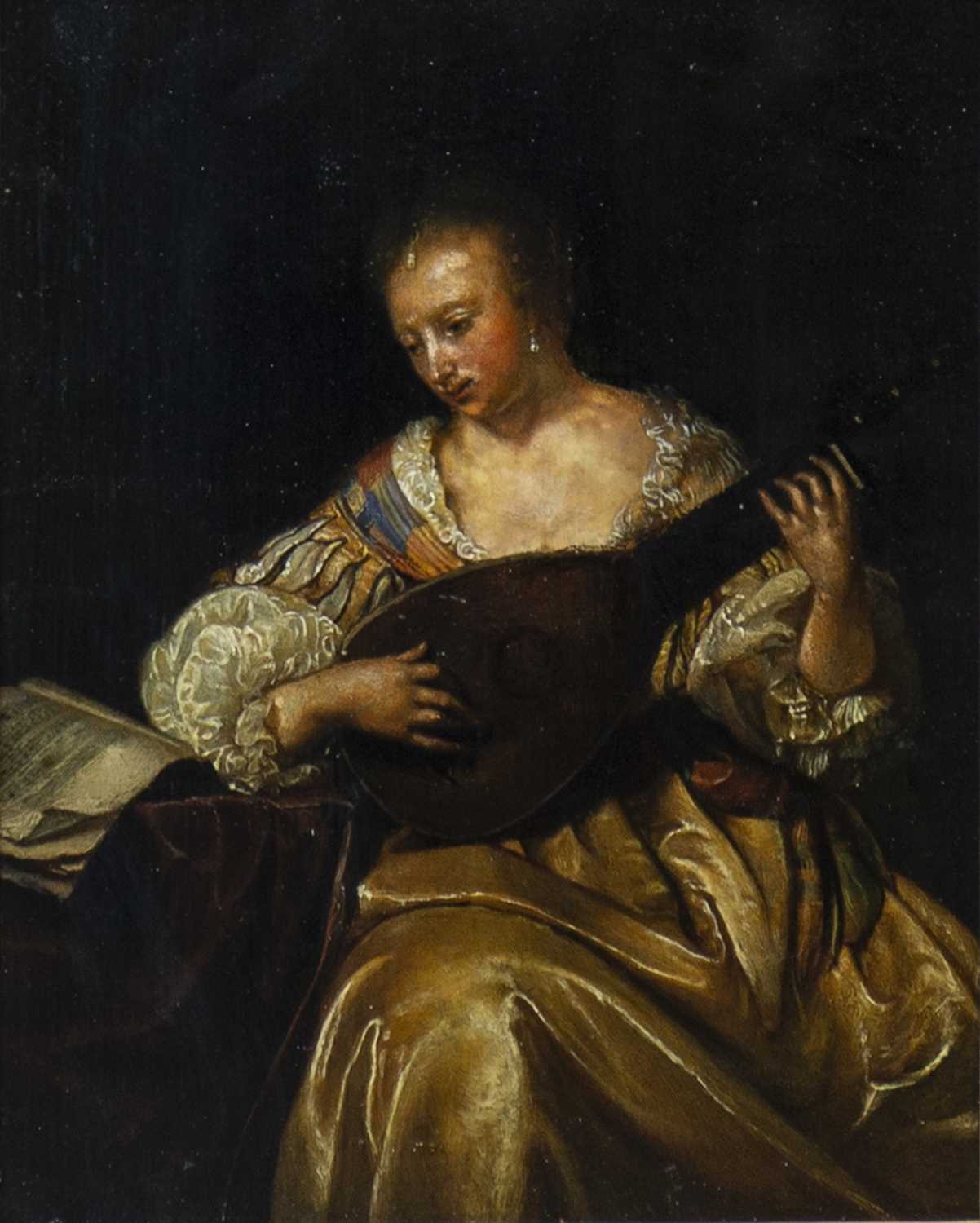 Lot 729 - LADY PLAYING THE FLUTE, AN OIL AFTER FRANS VAN MIERIS THE ELDER