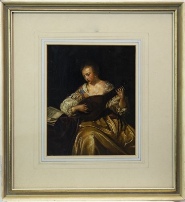 Lot 729 - LADY PLAYING THE FLUTE, AN OIL AFTER FRANS VAN MIERIS THE ELDER