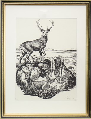 Lot 730 - DEER AND STAG, AN INK BY JAMES PORTEOUS-WOOD