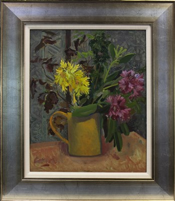 Lot 750 - YELLOW AND CRIMSON FLOWERS, AN OIL BY WILLIAM CROSBIE