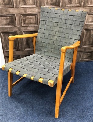 Lot 172 - A BEECHWOOD ARM CHAIR AND A BRASS TRAY