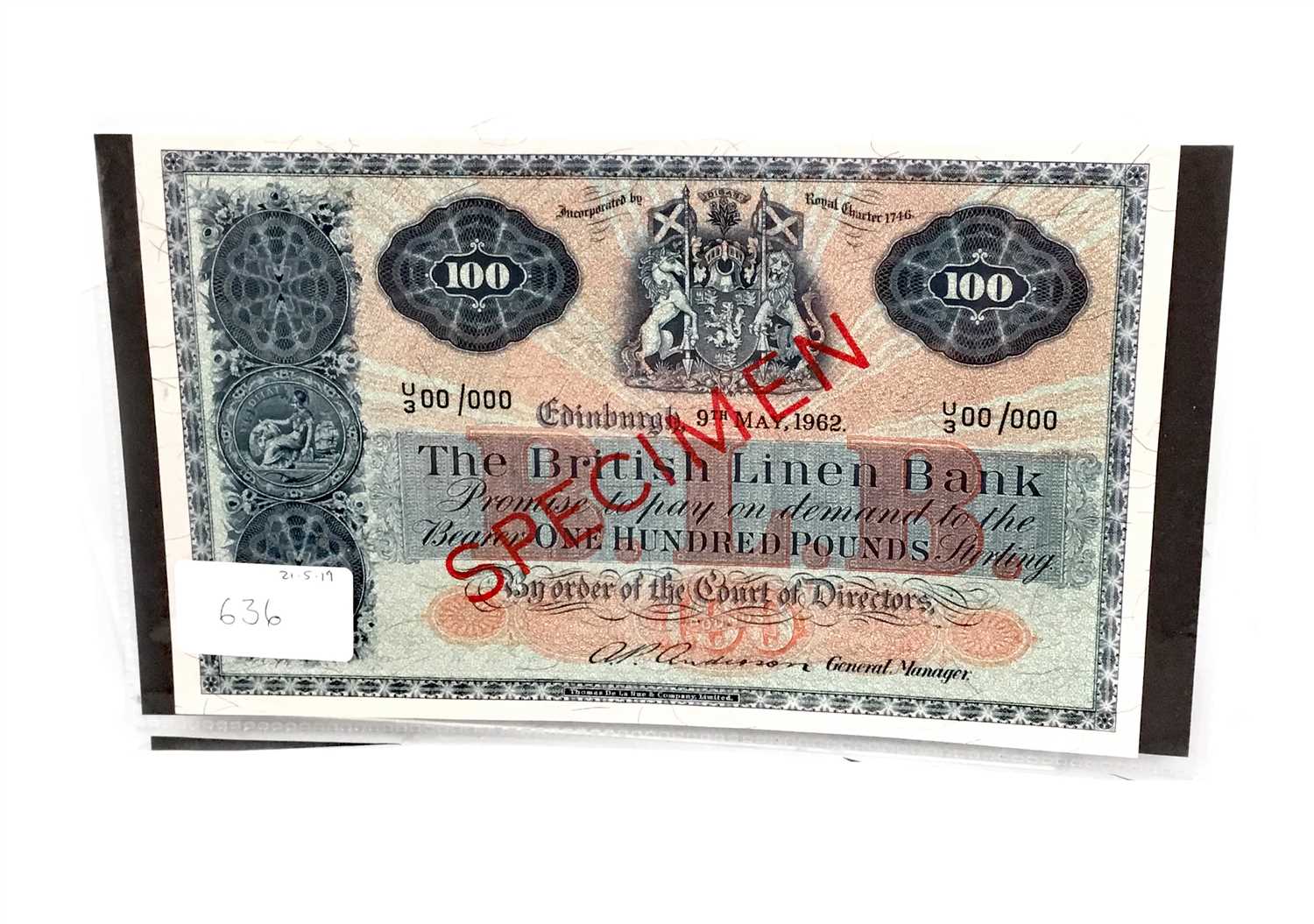 Lot 629 - RARE: SPECIMEN THE BRITISH LINEN BANK £100 NOTE 9TH MAY 1962