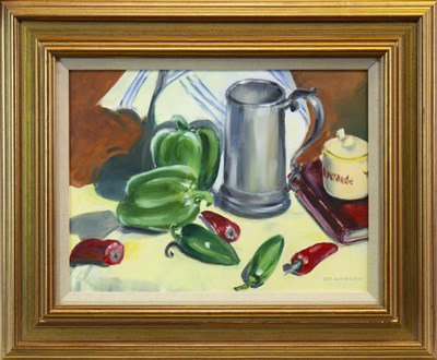 Lot 485 - STILL LIFE WITH PEPPERS AND SILVER POT