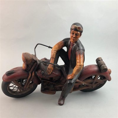 Lot 217 - A FOLDING PENCIL HOLDER, MODEL OF A MAN ON A MOTORCYCLE AND A WOODEN FIGURE OF A TURTLE