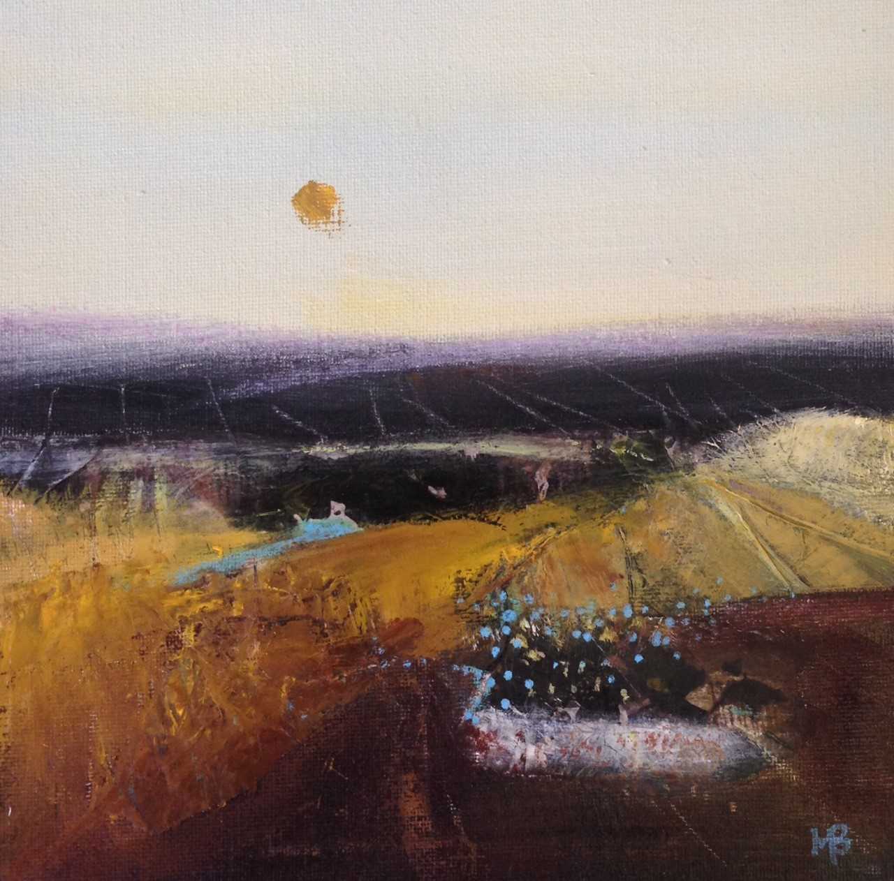 Lot 722 - HILLS OF HEATHER, HEBRIDES, A MIXED MEDIA BY MAY BYRNE