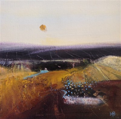 Lot 722 - HILLS OF HEATHER, HEBRIDES, A MIXED MEDIA BY MAY BYRNE