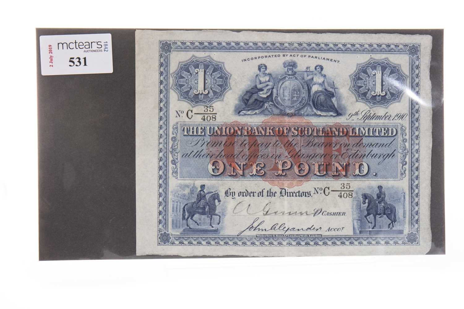 Lot 531 - A THE UNION BANK OF SCOTLAND £1 NOTE 1910