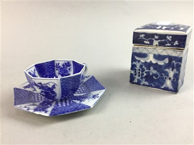 Lot 254 - A CHINESE BLUE AND WHITE LIDDED JAR, CUP AND SAUCER