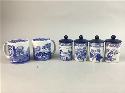 Lot 255 - A SET OF FOUR COPELAND SPODE BLUE AND WHITE LIDDED HERB JARS AND TWO MUGS