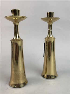 Lot 274 - A PAIR OF BRASS CANDLESTICKS, EVENING BAG AND A SEWING BOX