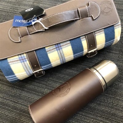 Lot 89 - A MERCEDES BENZ TRAVEL BLANKET AND A FLASK