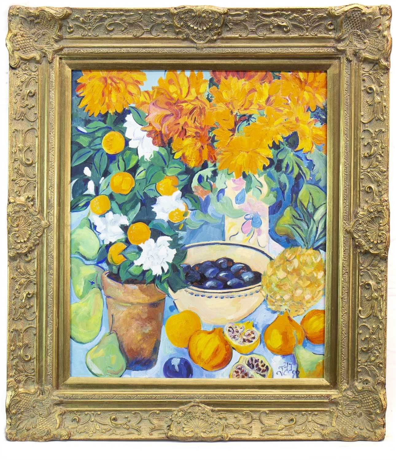 Lot 735 - STILL LIFE WITH MARIGOLDS, AN ACRYLIC BY JEAN JONES