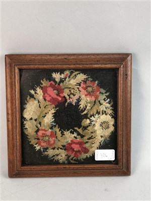 Lot 304 - NEEDLEWORK STOOL AND TWO FRAMED TAPESTRIES
