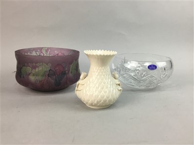 Lot 344 - A BELLEK VASE, ROYAL DOULTON CRYSTAL BOWL AND ANOTHER GLASS BOWL
