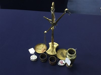 Lot 335 - A JAPANESE BRASS AND COPPER VASE, PILL BOXES, NAPKIN RINGS AND SCALES