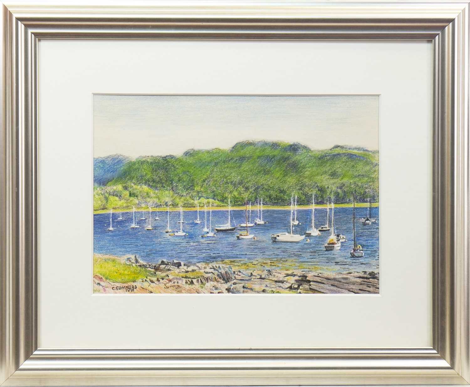 Lot 768 - LOCH SCENE WITH MOORED BOATS, A CRAYON ON BOARD BY C. SUMMERS