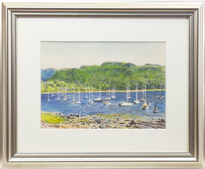 Lot 768 - LOCH SCENE WITH MOORED BOATS, A CRAYON ON BOARD BY C. SUMMERS