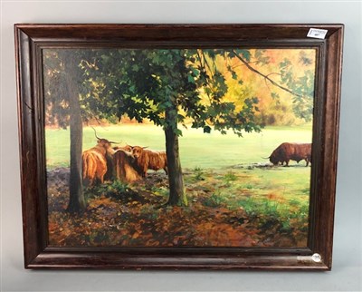 Lot 407 - AN OIL ON BOARD BY GILLAN MITCHELL, HIGHLAND CATTLE