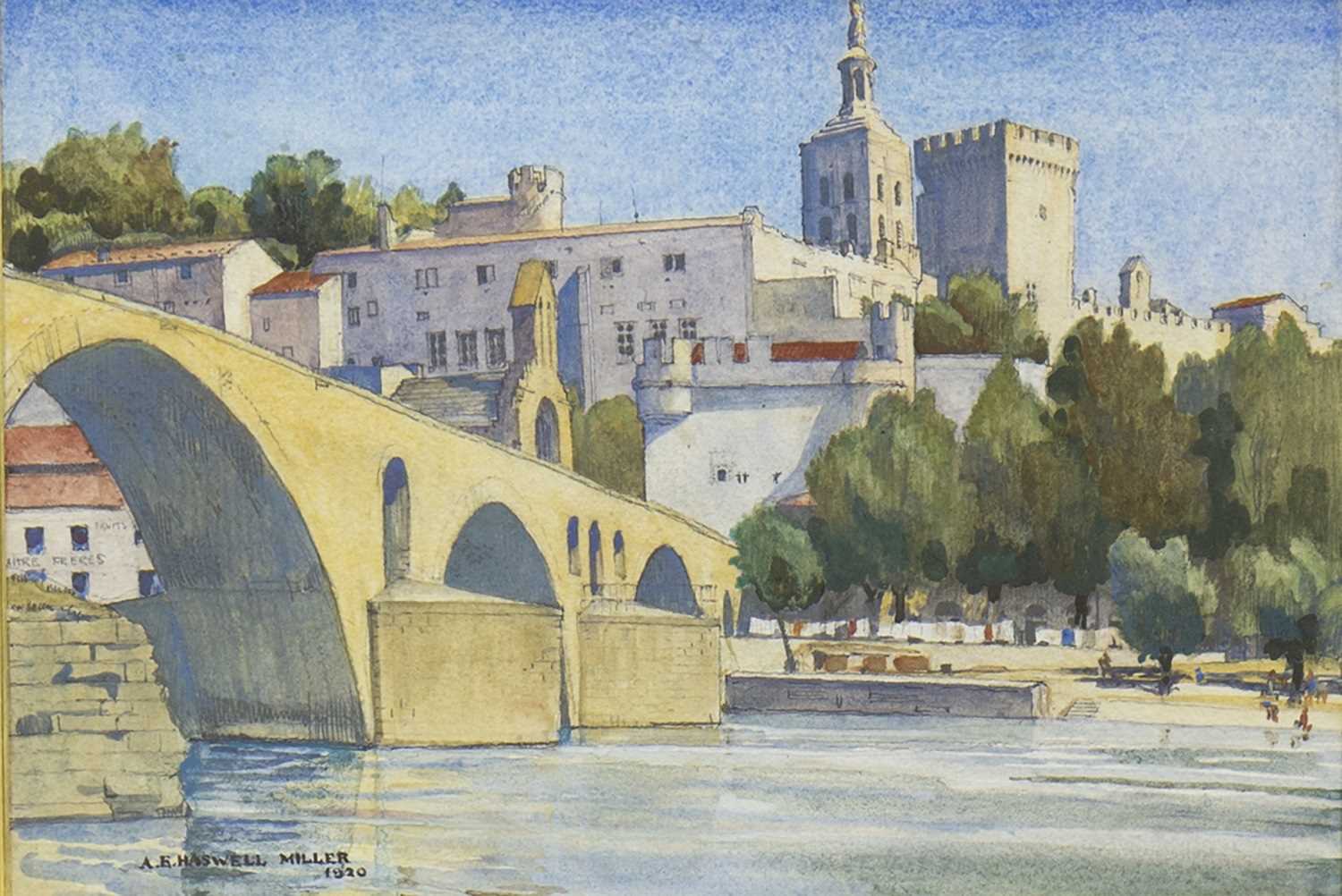 Lot 711 - RIVER SCENE WITH BRIDGE, A WATERCOLOUR BY HASWELL MILLER