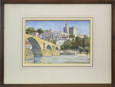Lot 711 - RIVER SCENE WITH BRIDGE, A WATERCOLOUR BY HASWELL MILLER