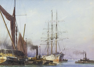 Lot 488 - LOWER THAMES SHIPPING SCENE, A WATERCOLOUR BY SYDNEY LOUGH THOMPSON
