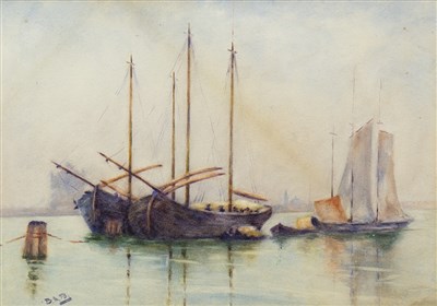 Lot 719 - SHIPPING SCENE, POSSIBLY VENICE, A WATERCOLOUR BY MISS B MAY BROWN