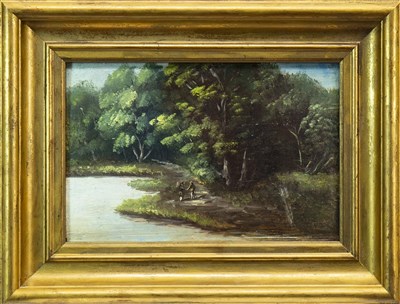 Lot 739 - TWO FIGURES ON A WOODLAND PATH, AN OIL BY WALTER JOHN JAMES